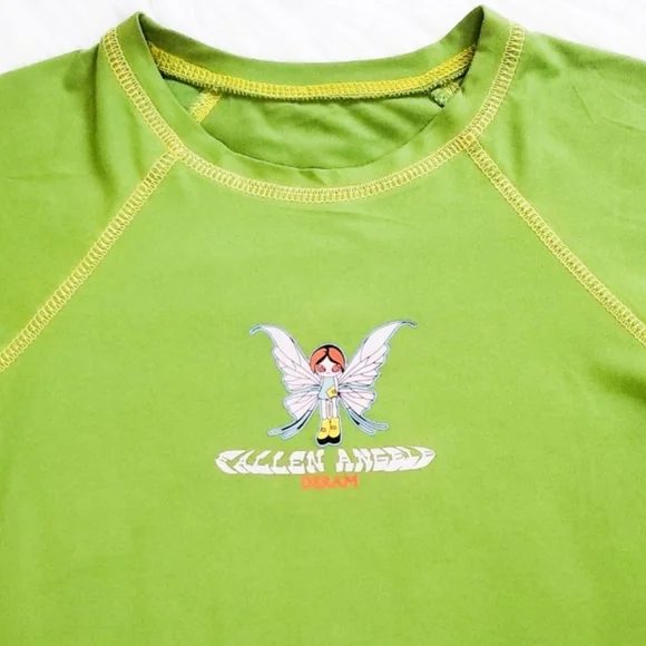 Fallen Angel Dream Y2K Style Lime Green Cropped Baby Tee w/ Fairy Girl Graphic - Picture 4 of 6